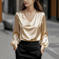 RNSHANGER Elegant Women's V-Neck Blouse French Style Solid-Color Satin Blouse Elegant Professional Office Wear Ladies Blouses