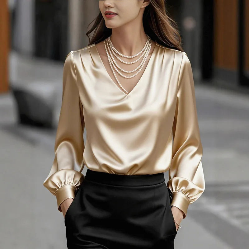 RNSHANGER Elegant Women's V-Neck Blouse French Style Solid-Color Satin Blouse Elegant Professional Office Wear Ladies Blouses