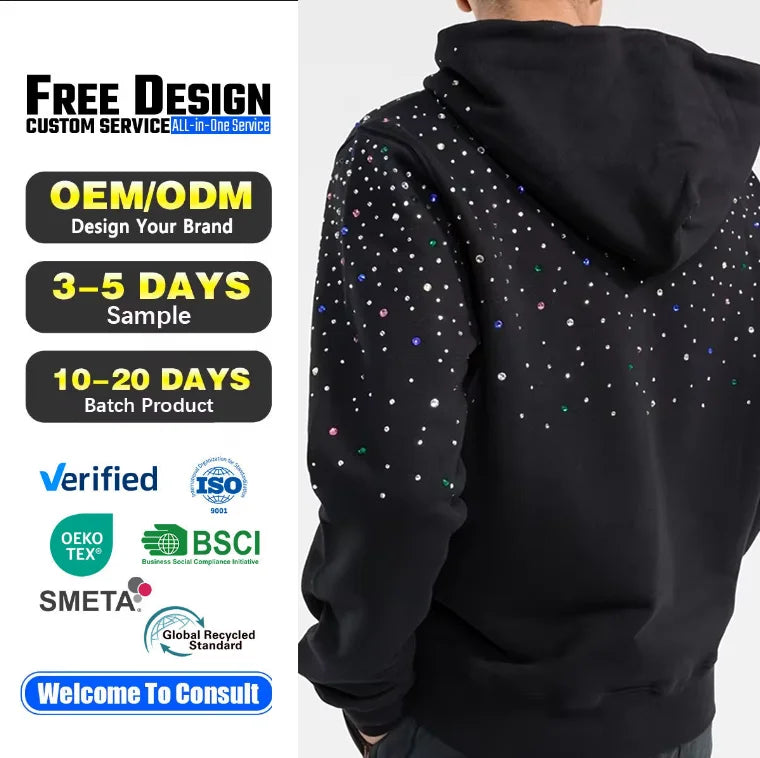 High Quality Custom Colorful Diamond Cotton Fleece Pullover Men Sweatshirts Heavyweight Rhinestone Embellished Hoodies