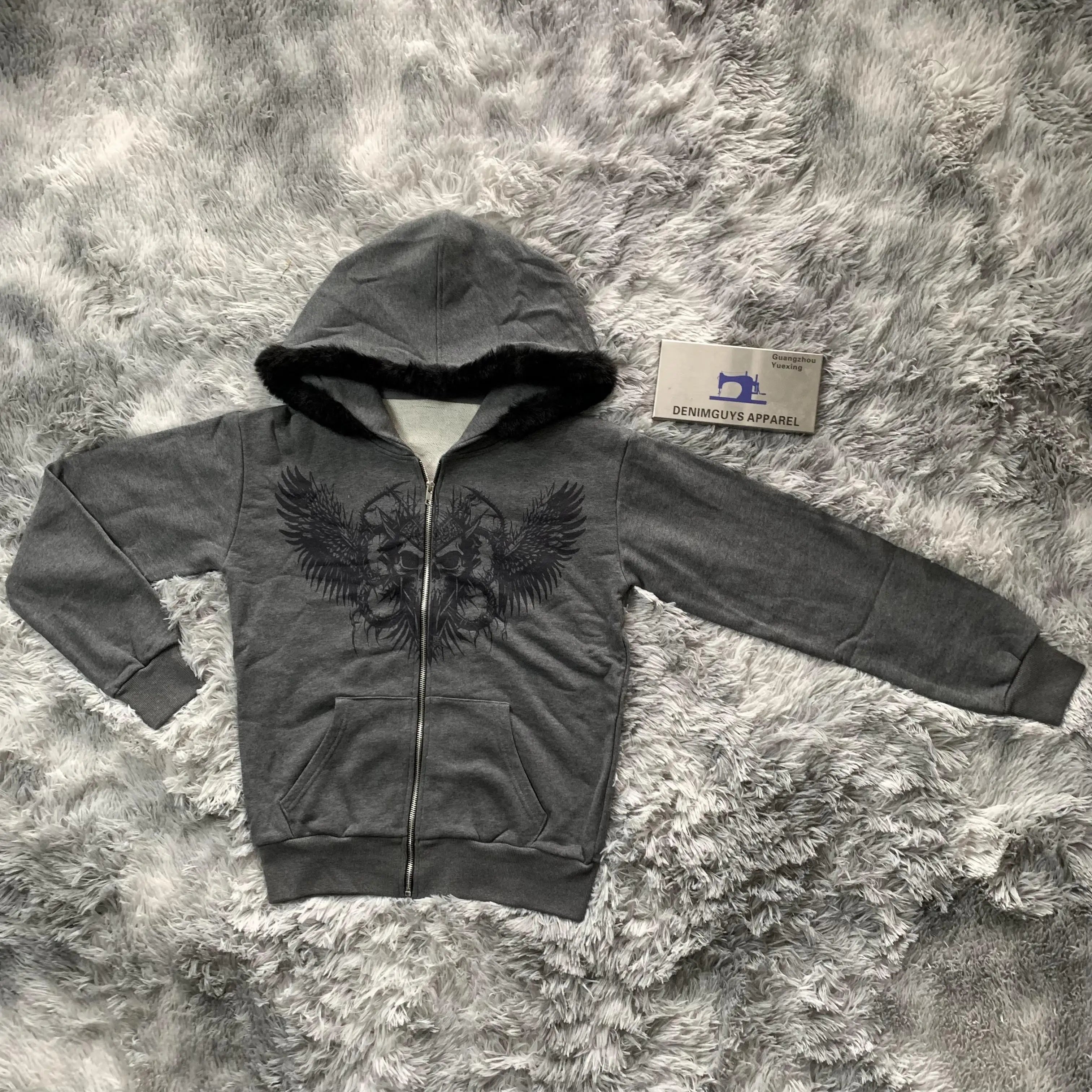 DENIMGUYS 2025 New Arrival High Street Y2k Vintage Printed Men's Winter Warm Fur Hood Plus Size Hoodies