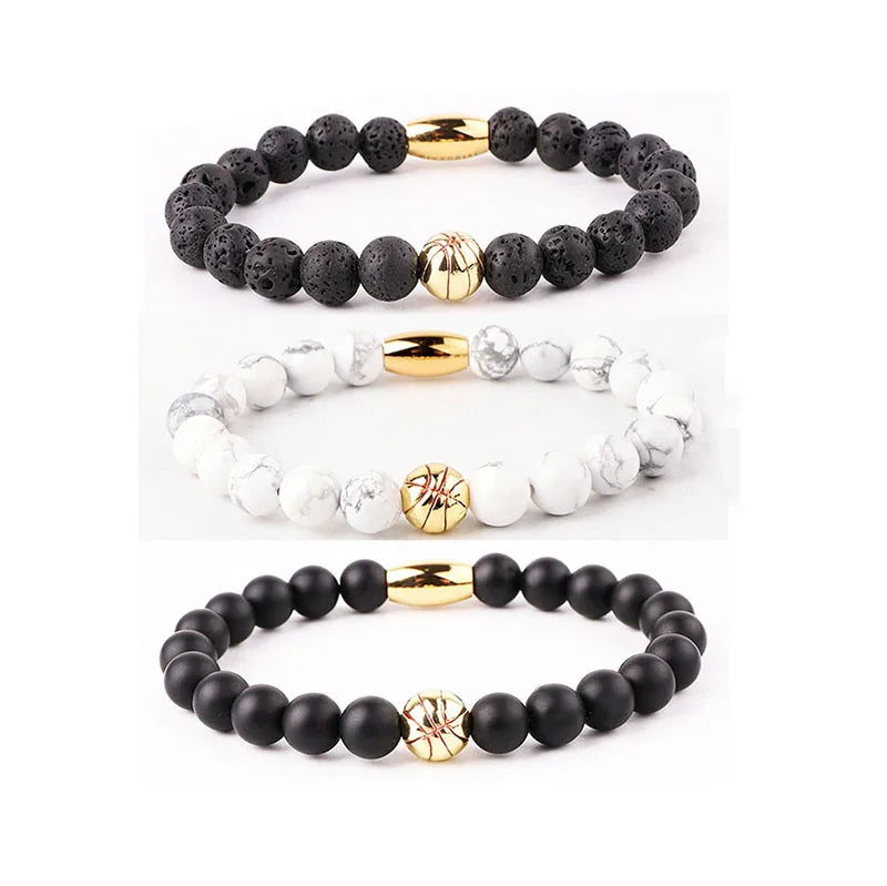 New Fashion Natural Lava Stone Matte Onxy Howlite Beads Gold Baseball Basketball Charm Ball Stretch Bracelet Men Women