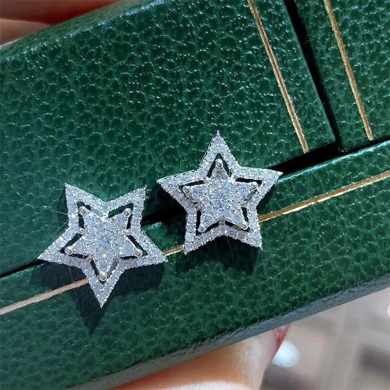 Huitan Double Five-pointed Star Zircon Hollow Stud Earrings Daily Fashion Girls Women Silver Daily Star Earring