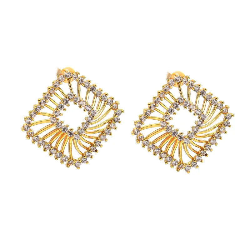 New Arrival Women's Square Hollow Stud Earrings Gold Plated Cubic Zircon Crystal Fashion Jewelry