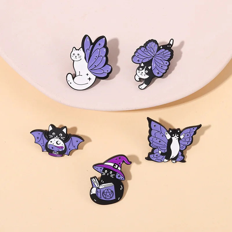Custom Black White Cat Purple Butterfly Nickel Plating Metal Animal Magic Cat Wizard Hat Clothing Hard Enamel Lapel Pins