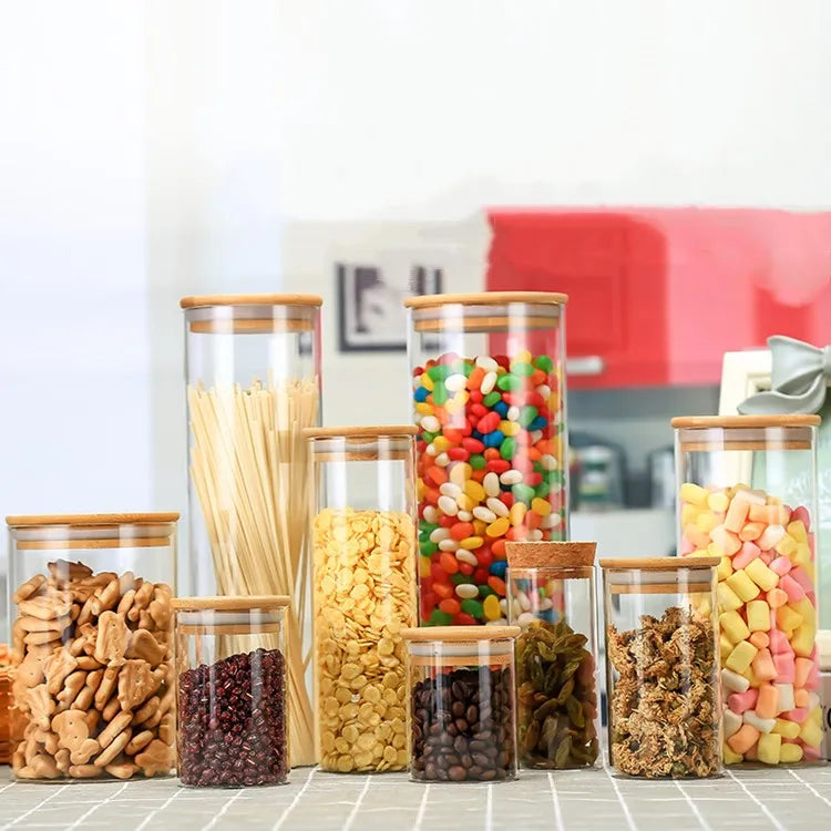 250ml-2L High Borosilicate Glass Food Storage Container Cylindrical Kitchen Container with Bamboo Cover for Rice Sugar Snacks
