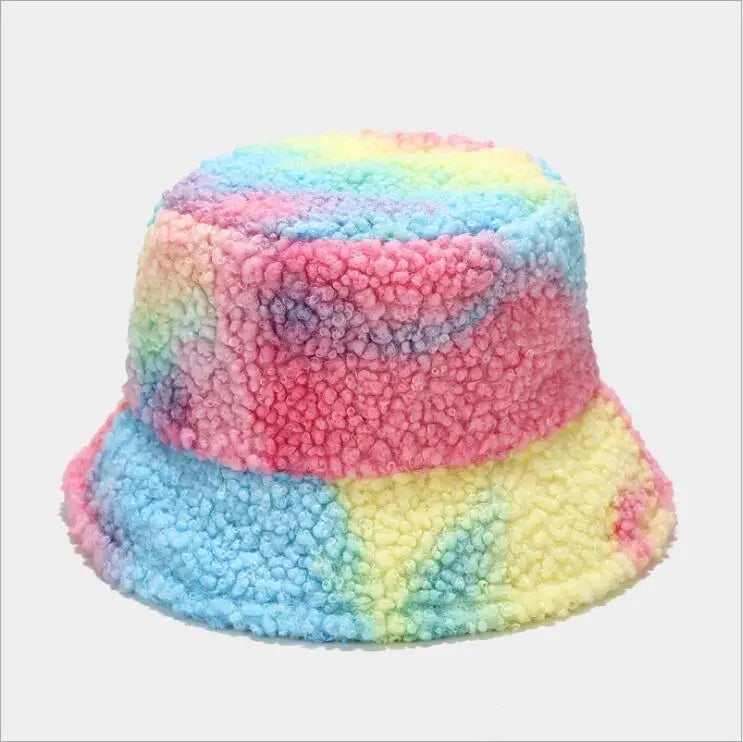 Stylish Tie-dyed Warm Furry Bucket Hats Colorful Fur Hat 2020 Hot Selling Bucket Hat rainbow Color