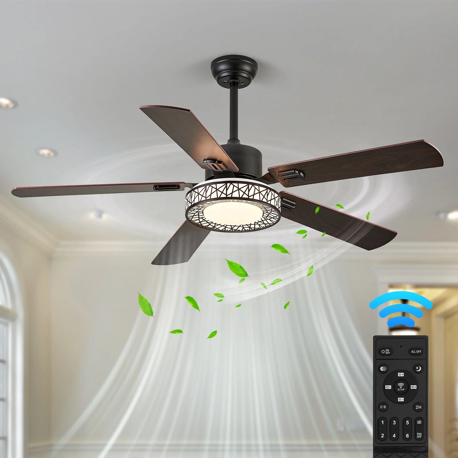 52 Inch Modern Walnut Wood 5 Blades 35W DC Intelligent Remote Control Ceiling Fan With Light Home Fan Light Ceiling