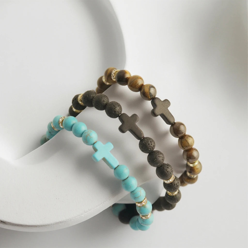 Bulk Christian Gemstone Cross Bracelets -Handmade Beaded Designs in Natural Stones