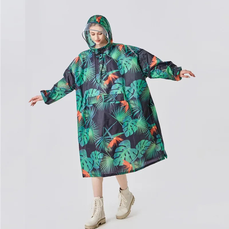 Adult Oversized Outdoor Long Women Men Printed Portable Reflective Strap Raincoat With Pocket