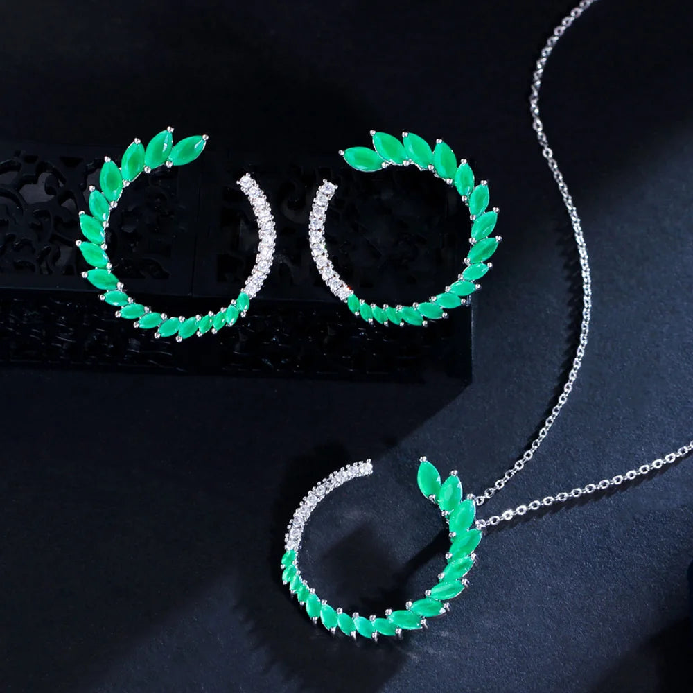 New Temperament Half Round Green Leaf Shaped Marquise Cut Cubic Zircon Crystal Stud Earrings and Necklace Jewelry Set for Women