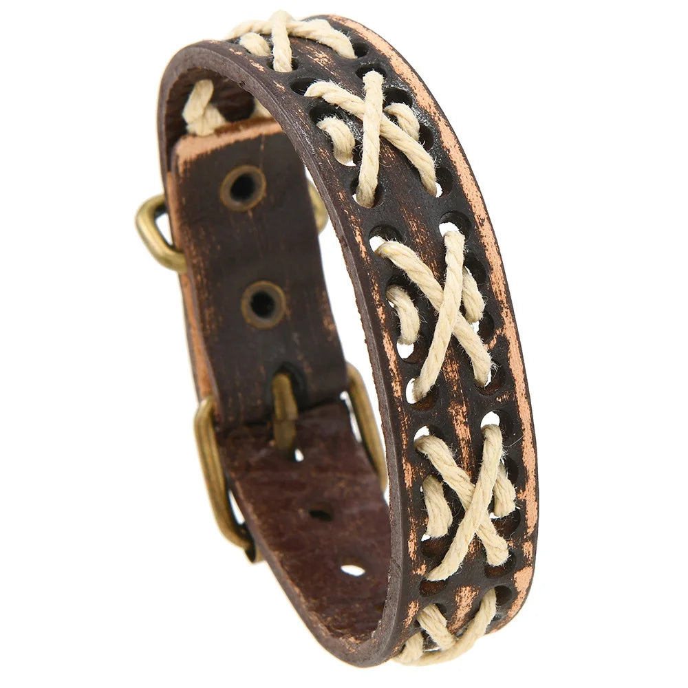 2025 New Trend Jewelry Vintage Hand Rope Woven X Leather Bracelet Punk Cuff Wide Real Leather Bangle for Men Cowboy Jewelry