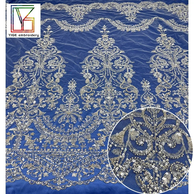 New Fashionable Bridal Beaded Sequin Embroidered Dress Fabric With Pearls Tulle Lace Fabric