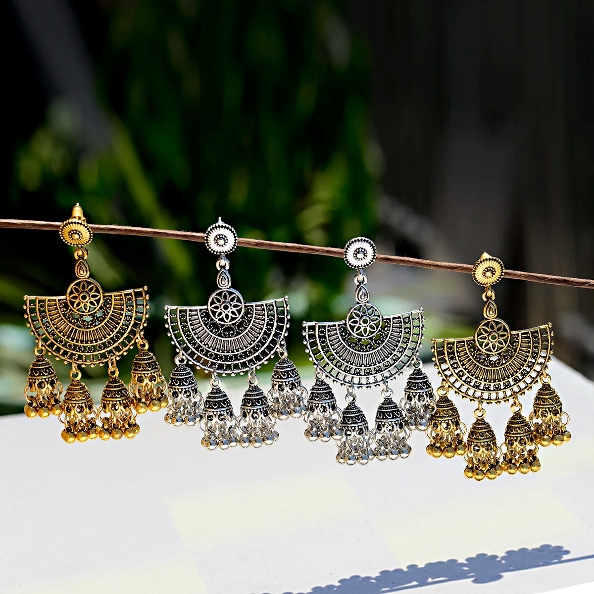 Ethnic Tribe Fashion Women Gold Geometric Jhumka Dangle Earrings Indian Jewelry Ethnic Hollow Hippie Boho Bells Tassel Earrings