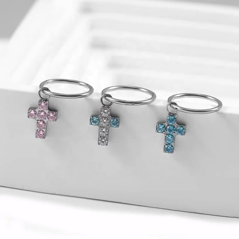 Titanium CZ Cross Dangle Hinged Segment Ring Hoop Earrings Fashion Body Jewelry for Children Orthodox Main Stone Zircon