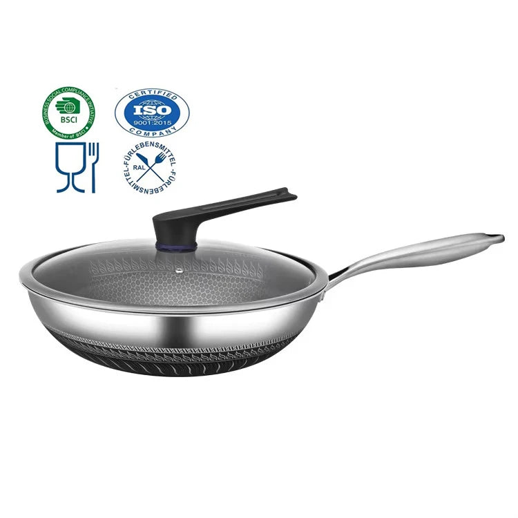 26/28/30/32/34/36cm Triply Stainless Steel Non Stick Wok Pan Non Stick Coating Hybrid Cooking Fry Honeycomb Wok with Glass Lid