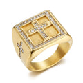 Hip Hop Bling Statement Signet Christian Jesus Piece Men's Stainless Steel PVD Gold Pave Zircon Iced Out Cross Ring for Party