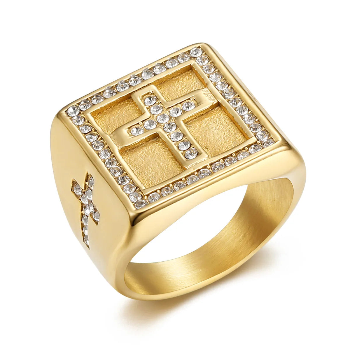 Hip Hop Bling Statement Signet Christian Jesus Piece Men's Stainless Steel PVD Gold Pave Zircon Iced Out Cross Ring for Party