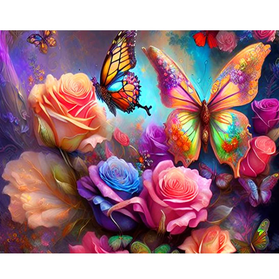 Painting by Numbers for Adults Kits Diy Crafts Rose Flowers and Colorful Butterfly Handmade on Canvas Picture Coloring Home