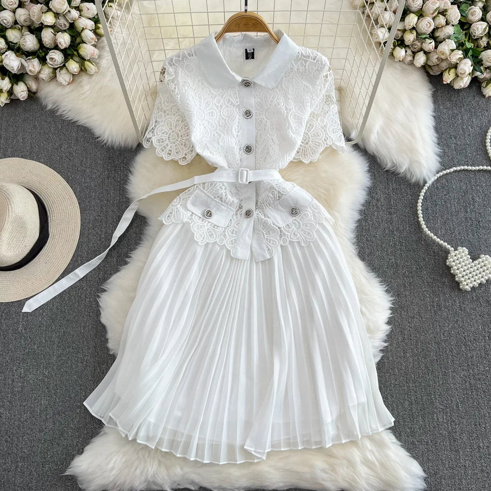 Summer Elegant A-Line Pleated Dress Anti-Wrinkle Party Print Short Sleeve Lapel Lace Patchwork Waist Receiving Waist MegaBDM