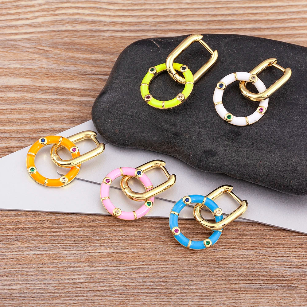 QIKU Light Luxury Enamel 6 Colors Round Inlaid Shiny Crystal Pendant Oil Drip Drop Earrings Women Elegant Jewelry Exquisite Gift