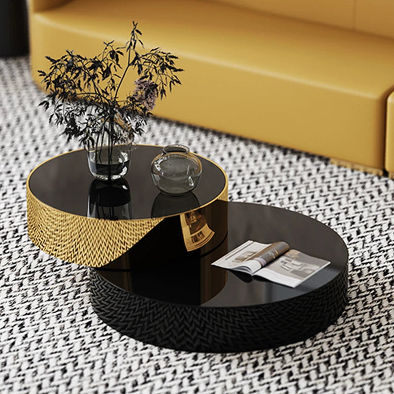 High End Round Coffee Table Double Modern Luxury Stainless Steel Brass Rotating Black and Gold Coffee Table