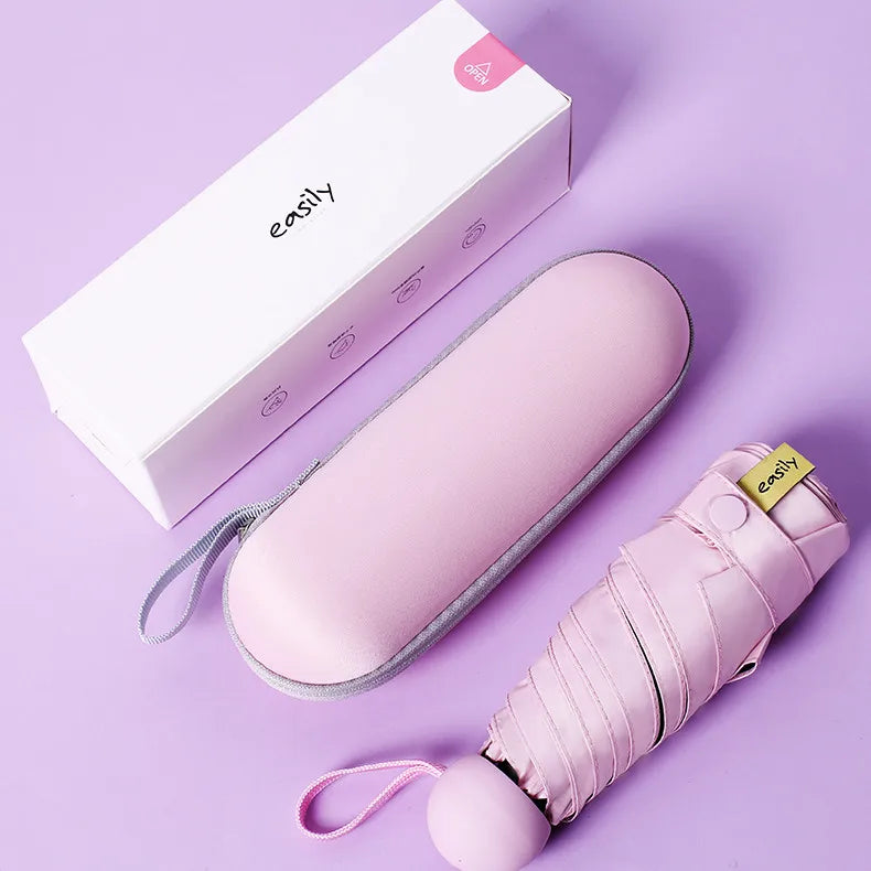Portable Mini Pocket Compact Anti-UV 5-Fold Capsule Umbrella with Case Manual Control Custom Logo Prints for Sun Protection