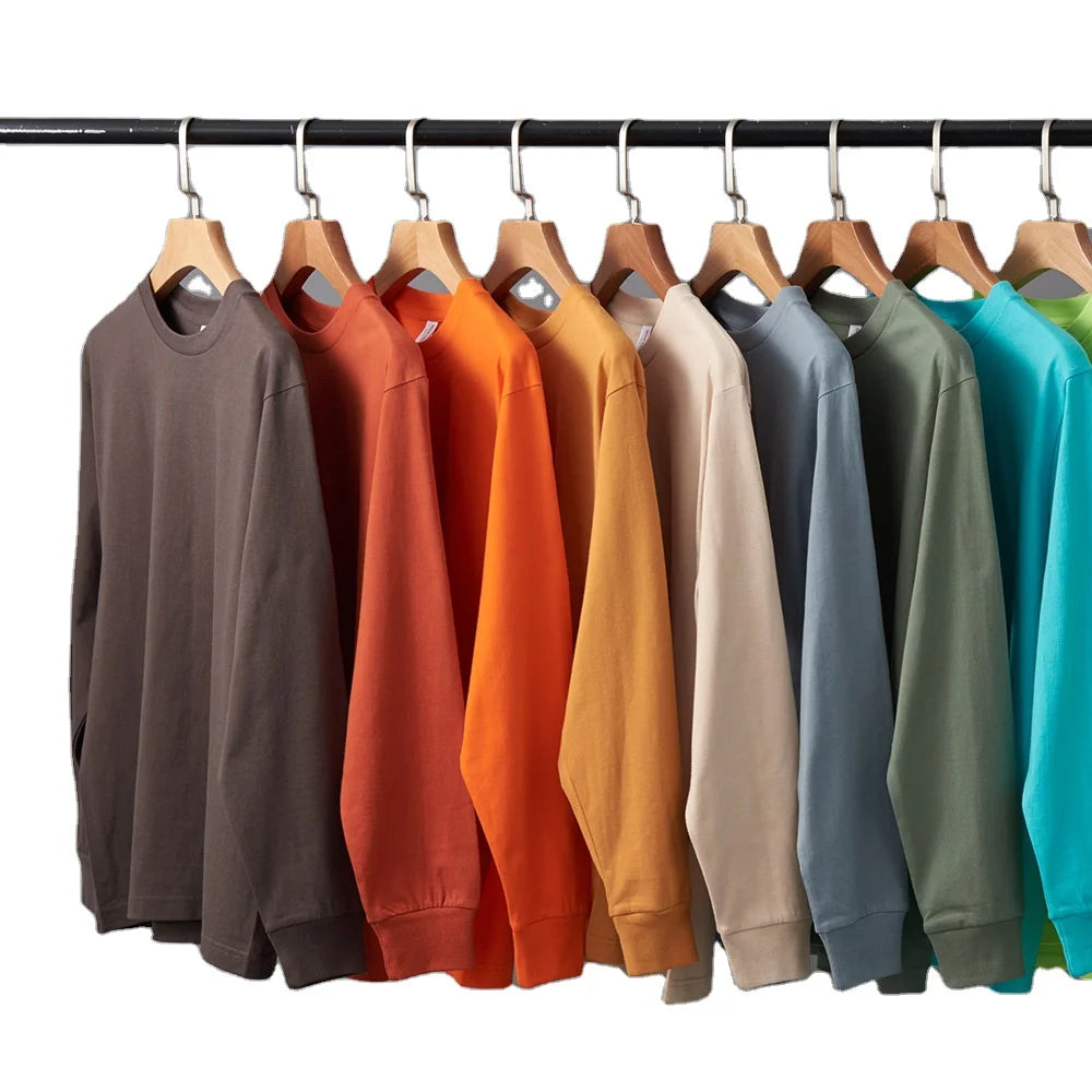 Wholesale 230gsm 100% Cotton Plain Blank Casual Fashion Custom logo Printed Men Women White Long Sleeve t Shirt Shirts