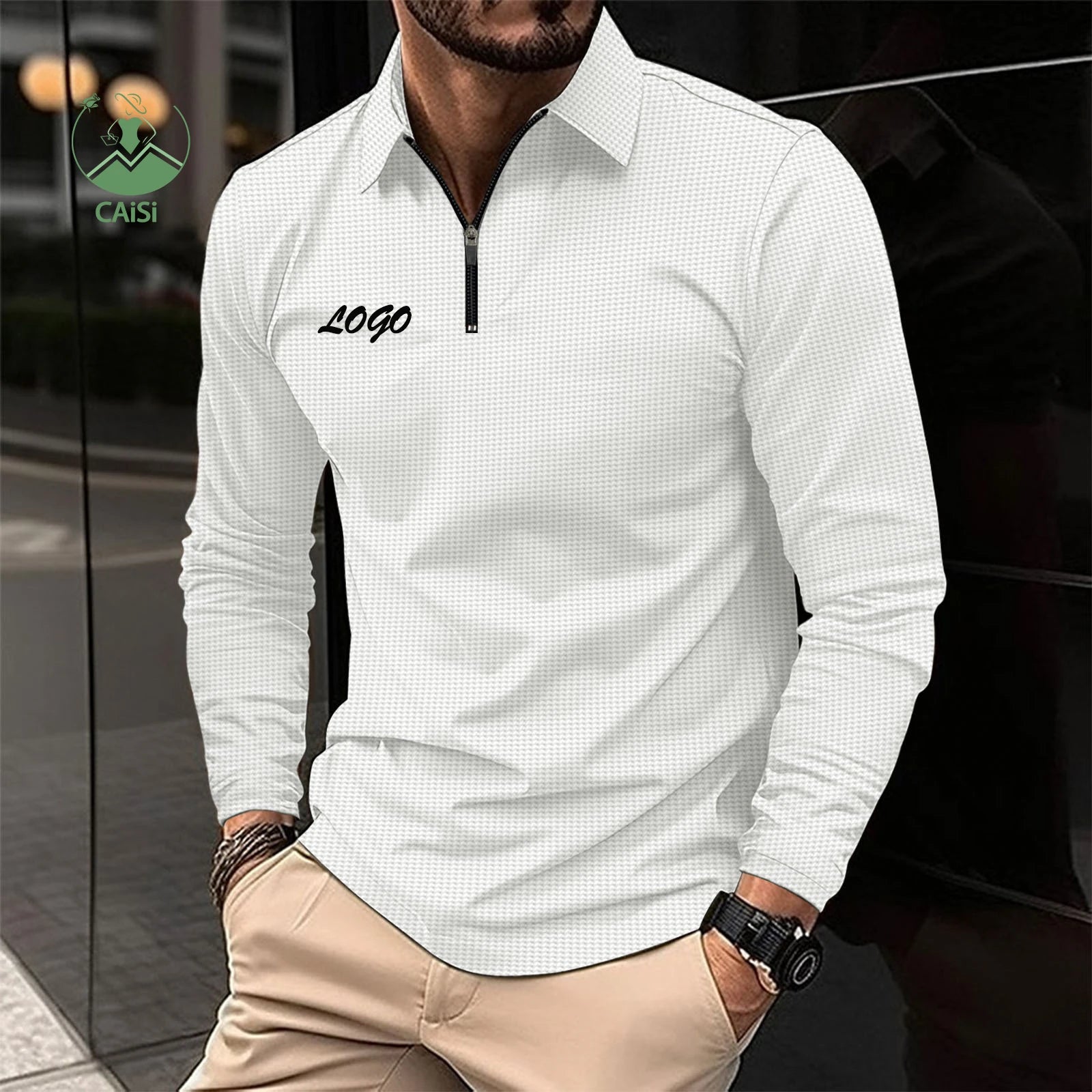Custom Men's Polo T-shirts Zipper Waffle Spring Long Sleeve Polo T Shirts Casual Sport Tee Tops for Men