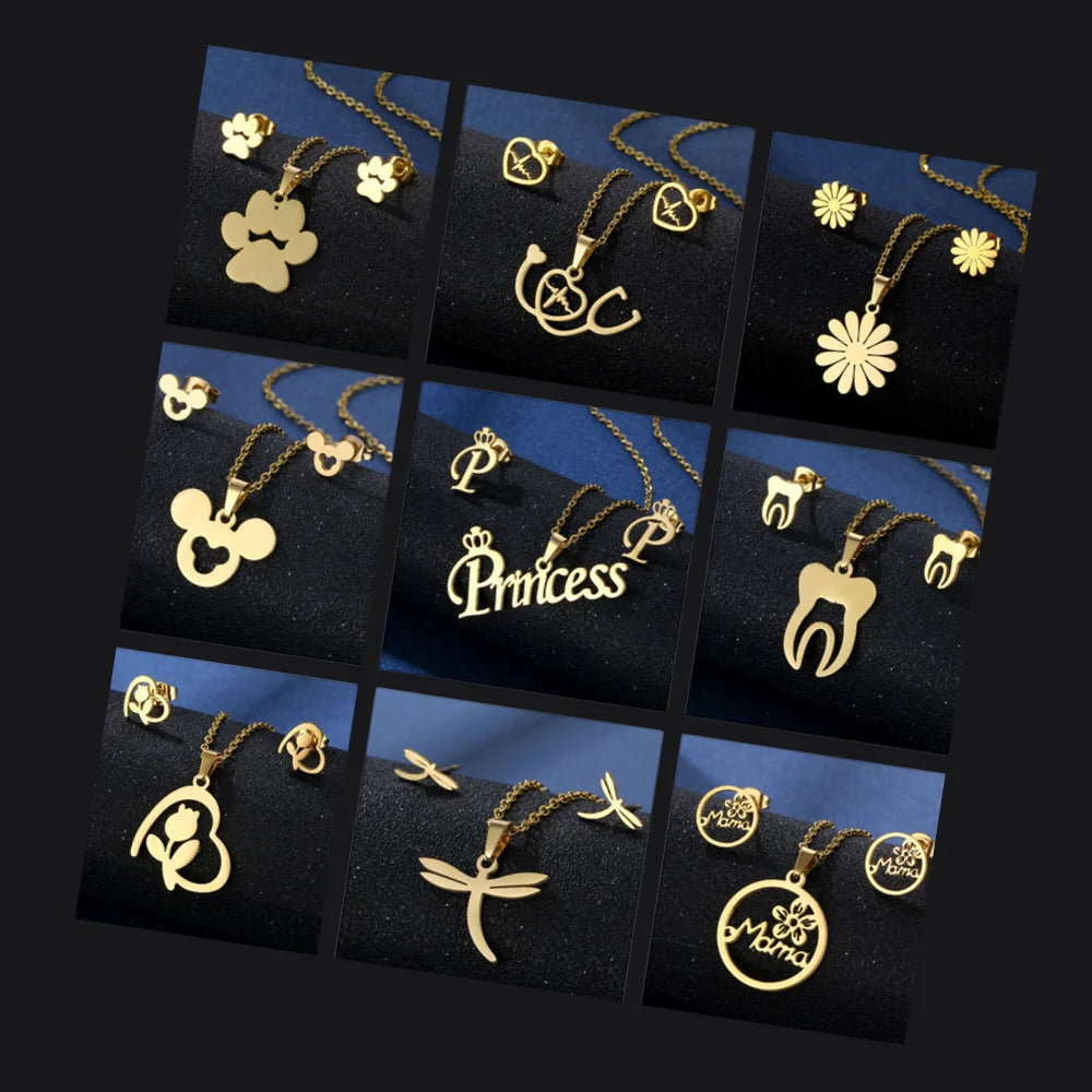 18k Gold Plated Waterproof Non Tarnish Stainless Steel Jewelry Women's Accessories Customized Necklace and Earring Jewelry Set