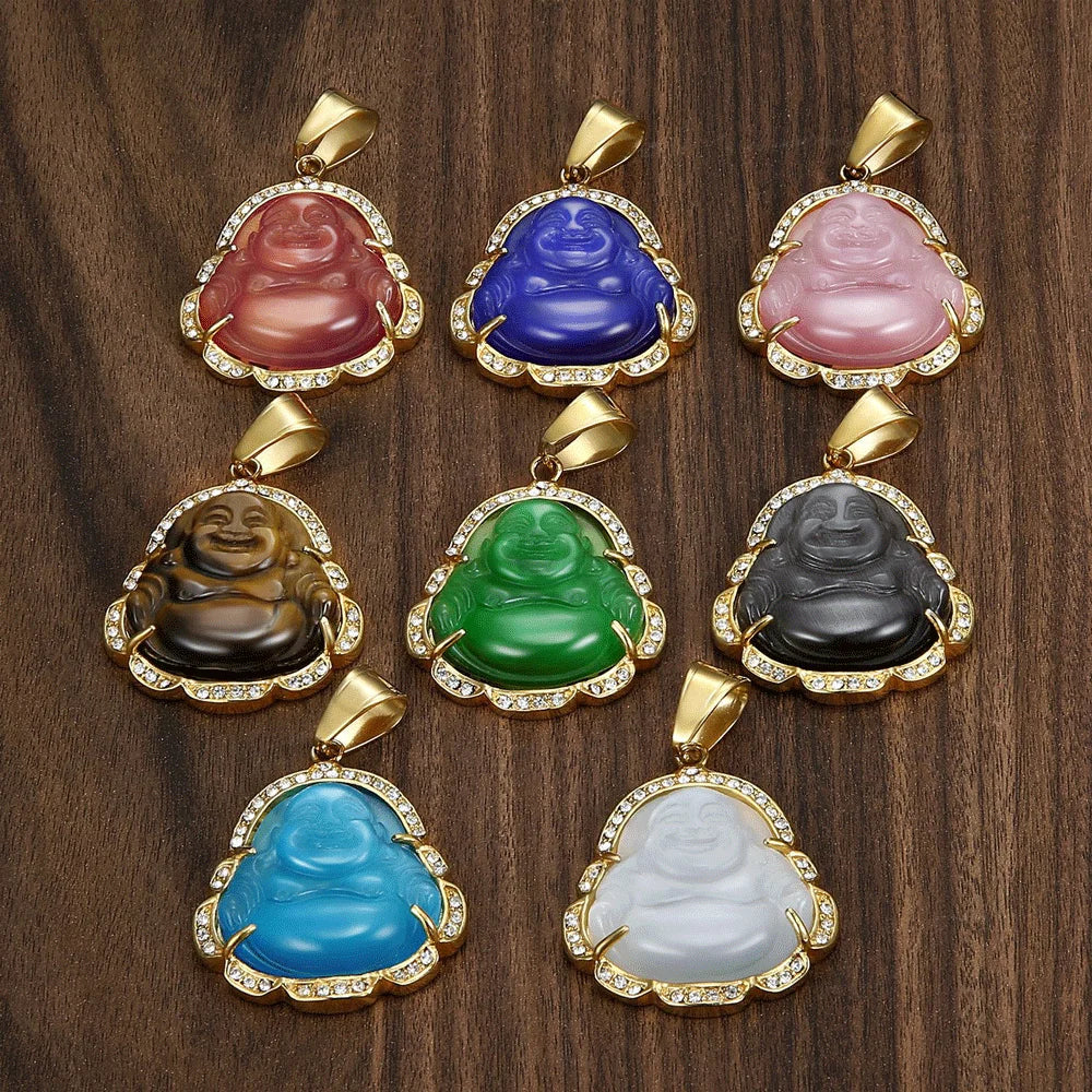 Natural Pink Clear Green Blue Jade Laughing Buddha Pendant Stainless Steel Necklace for Wedding Gift Beads Chain Not Included