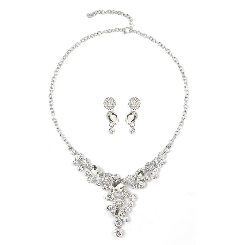 Wholesale Trendy Korean Hot Crystal Necklaces Earrings Bride Wedding Fashion Necklace Jewelry Two Piece Set for Woman Girl