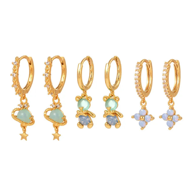 SP Wholesale Cute Fashion Rhinestone Bear Earrings Sets 18K Gold Plated Pink Zircon Heart Stud Earrings Set
