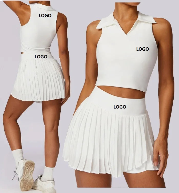 Women Summer Sleeveless Pickleball Skirt Set Running Fitness Golf Wear Outdoor Tennis Skirt Suit