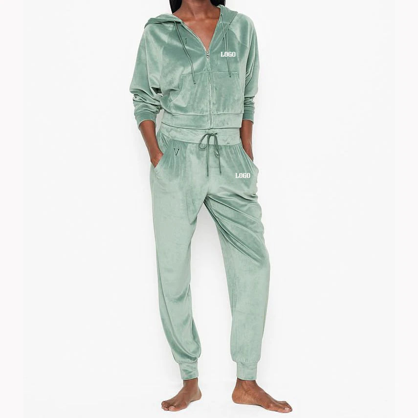 L230558 Factory Custom Velour Lady Tracksuit for Women Crop Top Hoodie Velvet Jogger Set Zipper Track Suit Weatsuit Set
