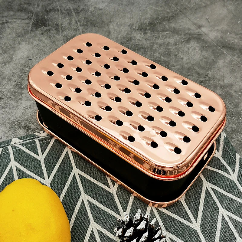Rose Gold and Gold Stainless Steel Vegetable Cheese Box Grater with Square Ginger Food Storage Container Lid Included
