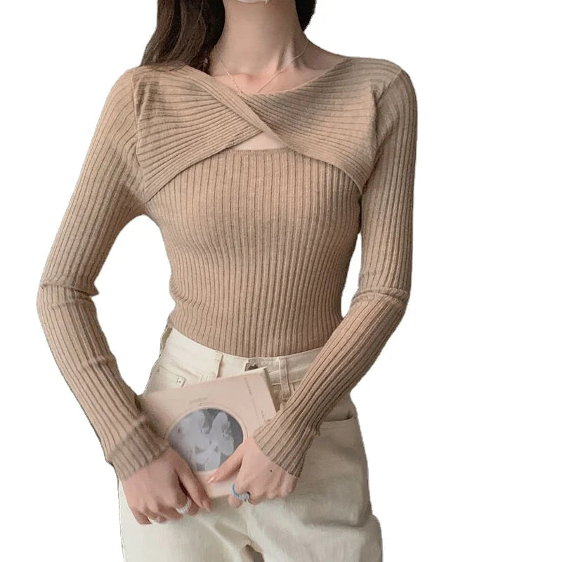 Factory Sell French Knitwear Women's Autumn Hollow-out Fashion Long-sleeve Top Slim Inner Base Shirt Outer Sweater