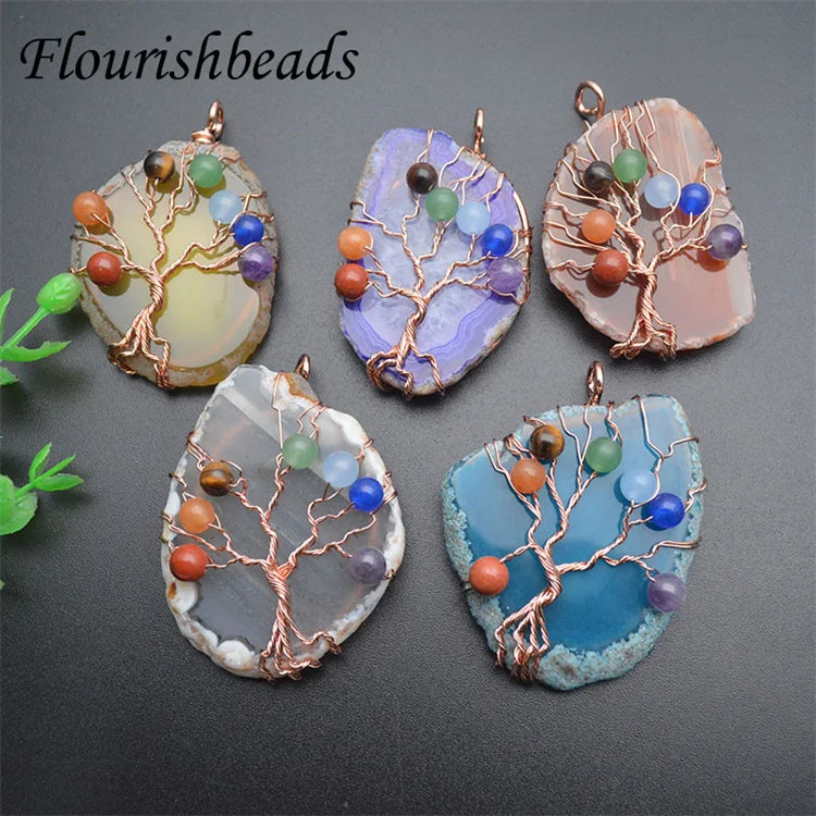 New Design Rose Gold Plated Natural Healing Stone Wire Wrapped Life of Tree Pendant for Jewelry Making Supplies