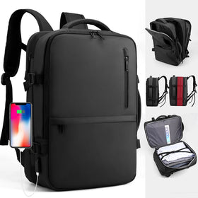 Men's Fashionable PU Waterproof Laptop Backpack Zipper USB Charging Port School Travel Use 20-39L Expandable Capacity