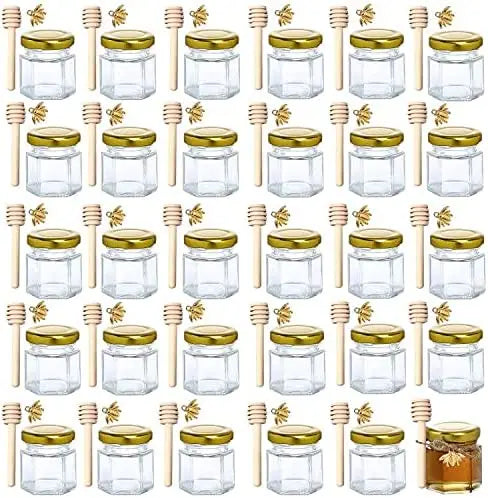 Wholesale Unique 45ml Party Favors Party Favors Honey Jar Mini Hexagons Glass Honey Jar With Wooden Dipper