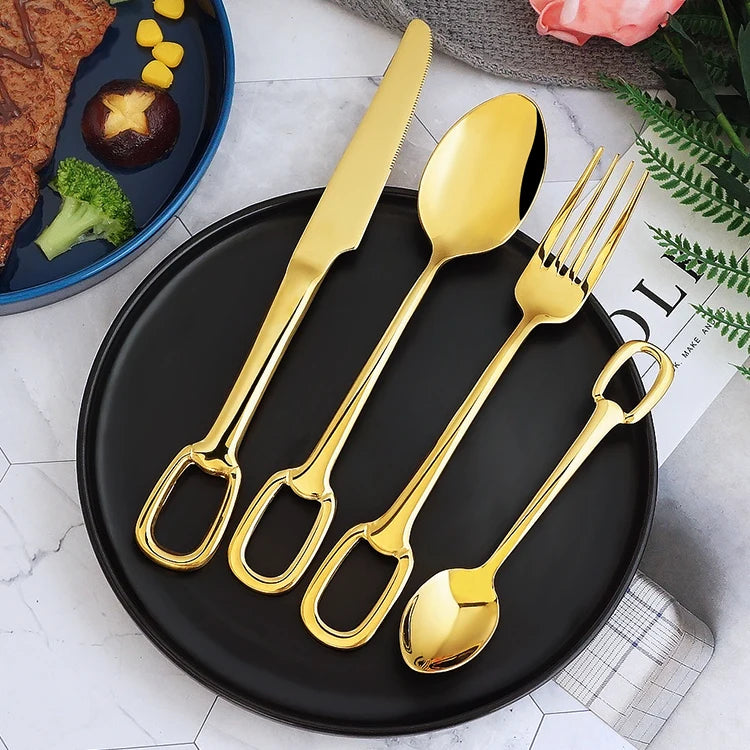 Hanging Cutlery Set SUS304 Stainless Steel Eating Utensils of Knife Fork Spoon Golden Flatware With Hanging Hole Handles