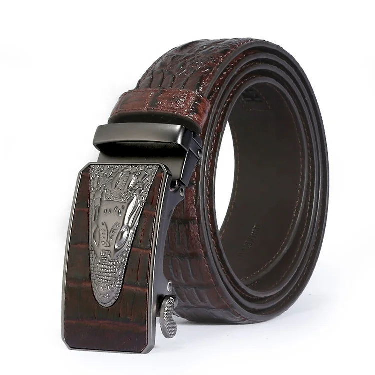 Fashion Crocodile Automatic Buckle Cowhide Genuine Leather Waist Ratchet Belt for Men