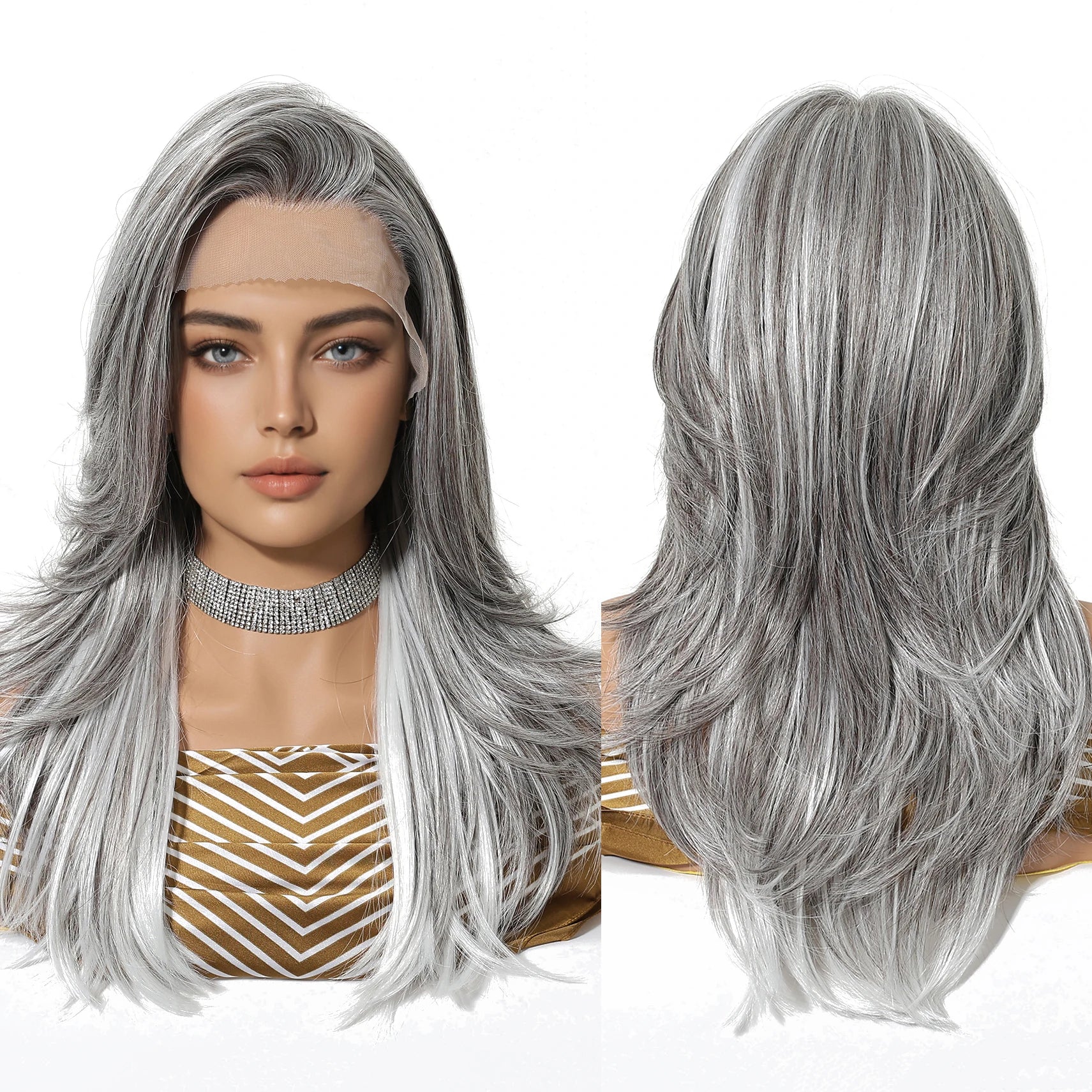 13*6 HD 13x6U Lace Wig Synthetic Future Fiber Natural Soft Wig Curl Wave Color Mix 180% Density White Gray