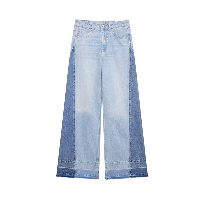 ZATRHMBM Spring Women's 2025 New Fashion Splicing Jeans Retro High Waist Casual Wide Leg Women's Trousers