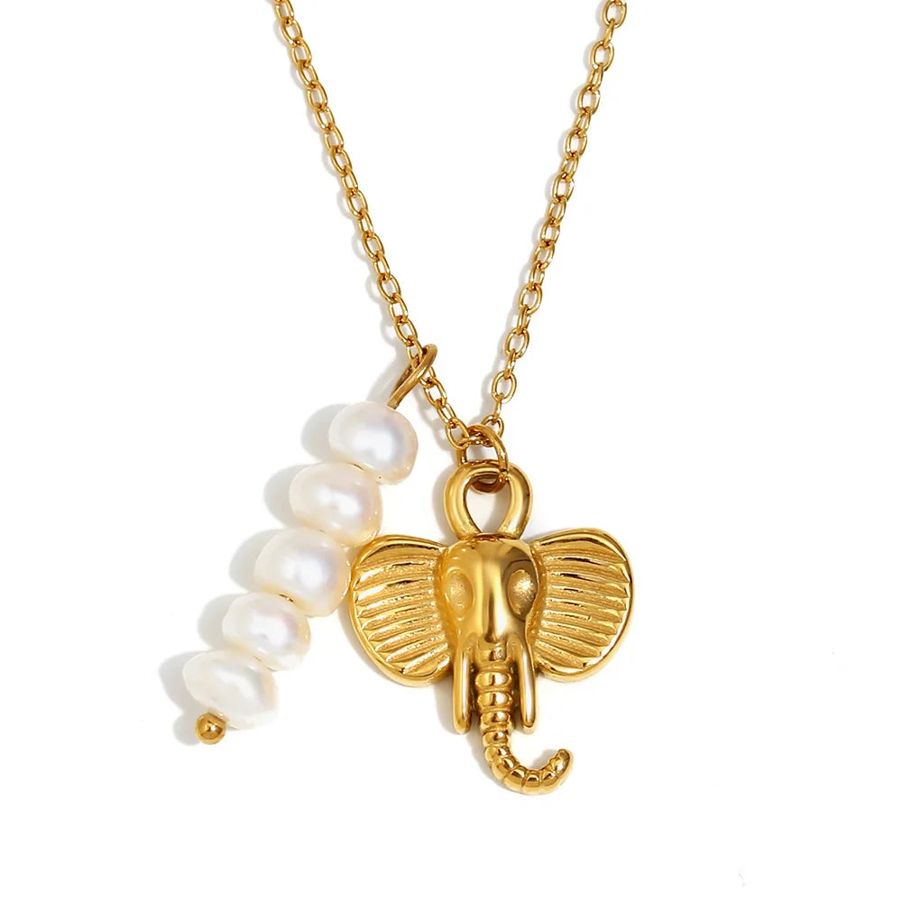 Retro Fashion Elephant Animal Pearl Charm Pendant Necklace Stainless Steel 18K Gold Bijoux Acier Inoxydable Women Jewelry Gifts