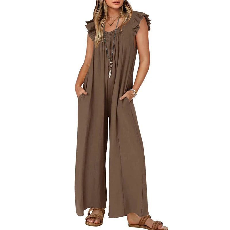 Womens Sets Summer Loose Jumpsuit Casual V Neck Sleeveless Oversized Wide Leg Pant Overalls Romper With Pockets