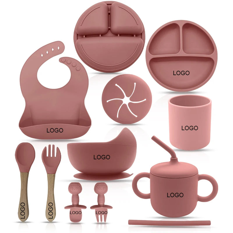 Wholesale Bpa Free Food Grade Feeding Waterproof Customized Silicone Baby Plate Bibs Spoon Bowl Tableware Set