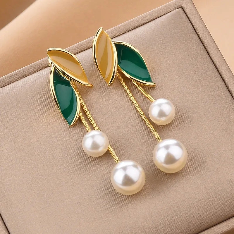 Cute Creative Korean Vintage Gold Jewelry Leaf Tassel Unique Drop Dangle Dangling Ball Pearl Earrings for Womens