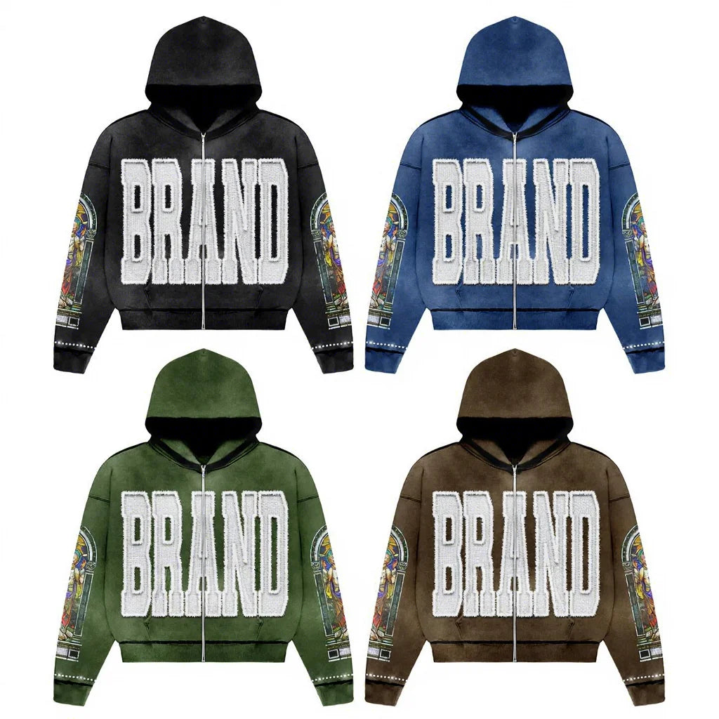 Winter Custom DTG Print Logo Acid Washed Heavyweight Cotton Unisex Cropped Boxy Distressed Zip up Hoodie