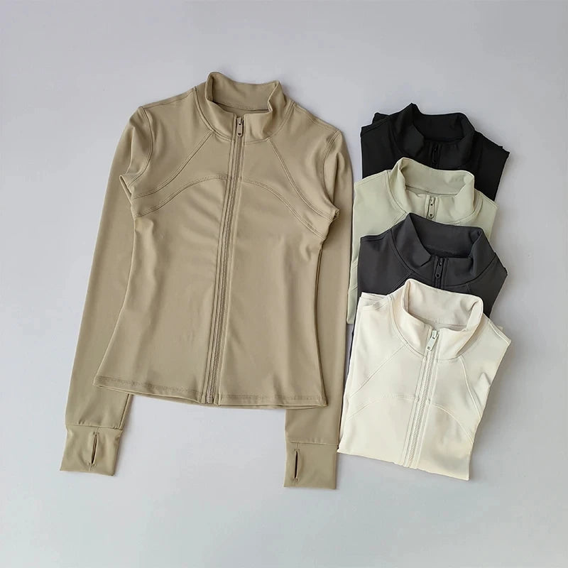 Windproof Running Suit Yoga Suit Women Standing Collar Long Sleeved Sports Jacket Training Fitness Tops
