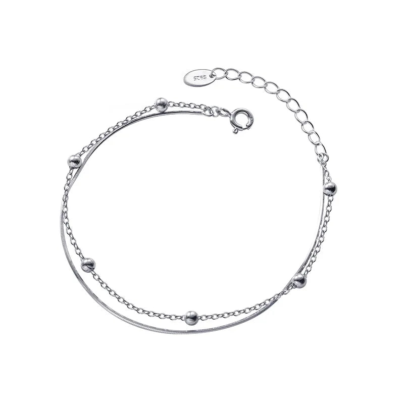 Vintage Simple Sterling Silver Layered Link Chain Beaded Bracelet 925 Double Layer Beaded Square Link Chain Bracelet for Women